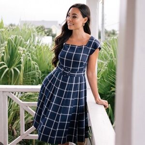 Gal Meets Glam Karen navy blue a-line‎ cotton windowpane belted dress